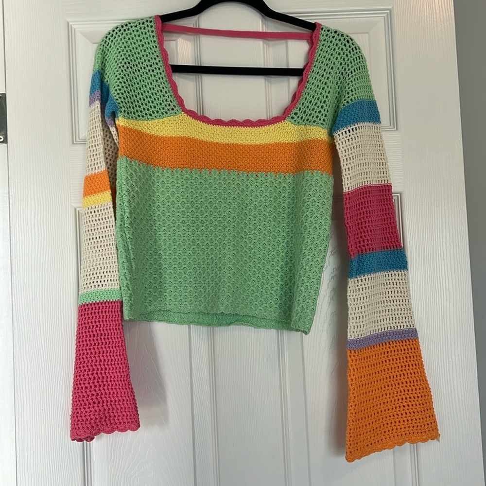 Pink Lily Flying Colors Square Neck Crochet Multi Color Sweater